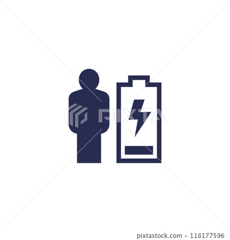 burnout, fatigue icon with low battery and man burnout, fatigue icon with low battery and man 118177596