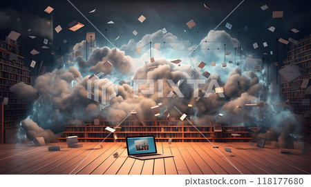 Abstract depiction of digital chaos, books and laptop Abstract depiction of digital chaos, books and laptop 118177680