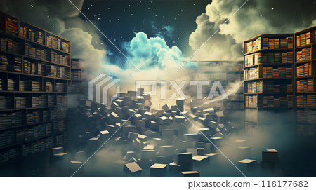 Library with clouds and books, surreal floating boxes 118177682