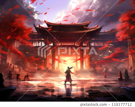 Warrior in an ancient temple under a dramatic sky 118177712