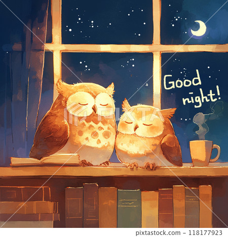 A sleeping owl, a nighttime scene, and the words "Good night!" 118177923