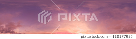 360 panorama of glowing sunset sky with bright pink Cirrus clouds. HDR 360 seamless spherical panorama. Full zenith or sky dome sky replacement for aerial drone panoramas. Climate and weather change. 118177955