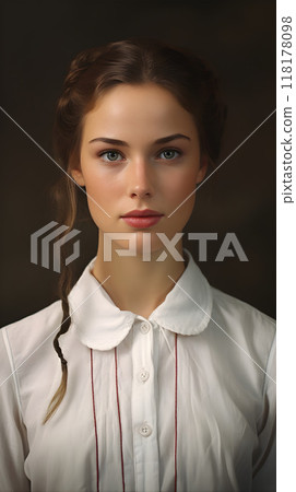 Portrait of a young lady with vintage attire and gaze 118178098