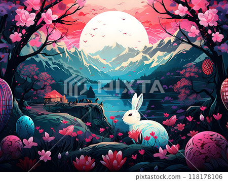 Whimsical white rabbit in a enchanting mountain setting Whimsical white rabbit in a enchanting mountain setting 118178106