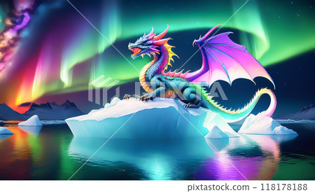 Rainbow dragon standing on an iceberg 118178188