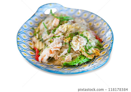Top view of Thai fried vermicelli noodle with shrimp, omelet and climbing wattle, focus selective Top view of Thai fried vermicelli noodle with shrimp, omelet and climbing wattle, focus selective 118178384