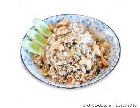 Top view of Chinese Olives Fried Rice topping with Cashew nuts, focus selective 118178386