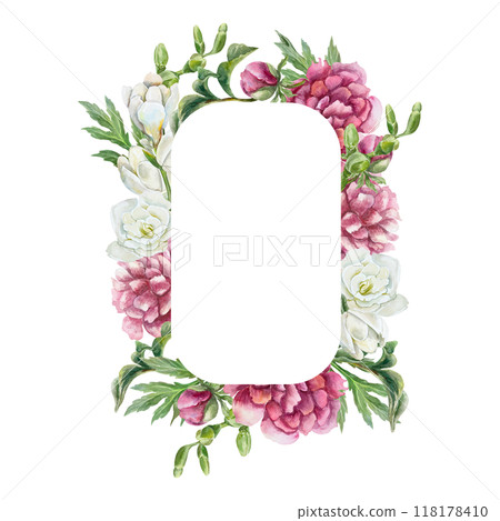 Vertical frame with peonies, freesia. Hand drawn watercolor illustration isolated on white. For birthday greeting cards, mothers day, wedding invitations, labels. Vertical frame with peonies, freesia. Hand drawn watercolor illustration isolated on white. For birthday greeting cards, mothers day, wedding invitations, labels. 118178410