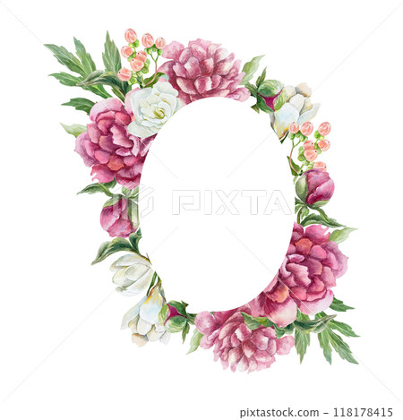 Vertical floral frame with peonies, freesia, hypericum berries. Hand drawn watercolor illustration isolated on white. For birthday greeting cards, mothers day, wedding invitations, labels. 118178415