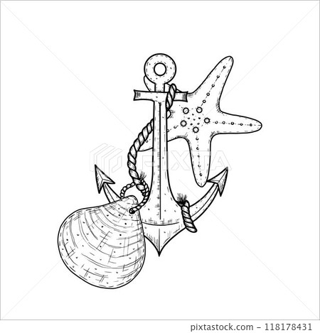 Hand drawn anchor with shell and starfish. Vector illustration 118178431