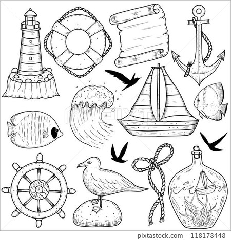 Nautical set with a lighthouse, steering wheel, lifebuoy, anchor, boat, fish, seagull. Vector illustration 118178448