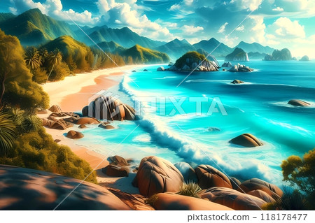 Beach view during the day, anime style, horizontal view Beach view during the day, anime style, horizontal view 118178477