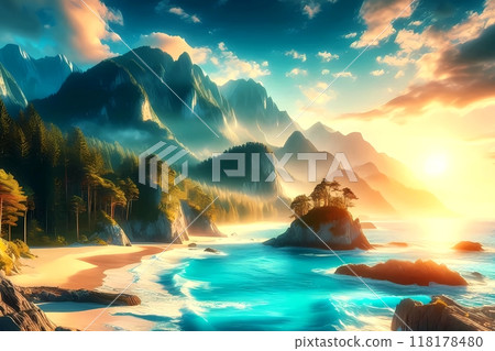 Beach view during the day, anime style, horizontal view  118178480