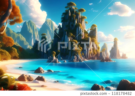 Beach view during the day, anime style, horizontal view  118178482