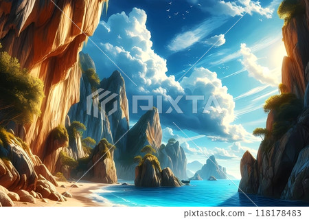 Beach view during the day, anime style, horizontal view  118178483