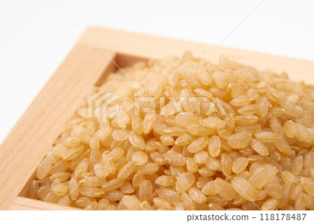 Close-up of germinated brown rice in a wooden box Close-up of germinated brown rice in a wooden box 118178487
