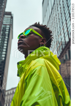 Trendy urban fashion: vibrant neon look in cityscape 118178513