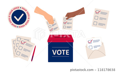 Vote 2024 set. Hand drops ballot paper into ballot box. Vote by mail. Election campaign. Flat isolated vector illustration 118178638