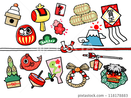 Illustration for New Year's cards for the Year of the Snake featuring small icons Illustration for New Year's cards for the Year of the Snake featuring small icons 118178883