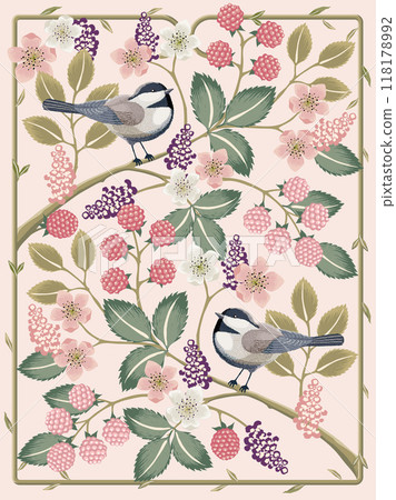 Vector illustration of flowers and cute little birds. Picture for poster, postcard, and frame. 118178992