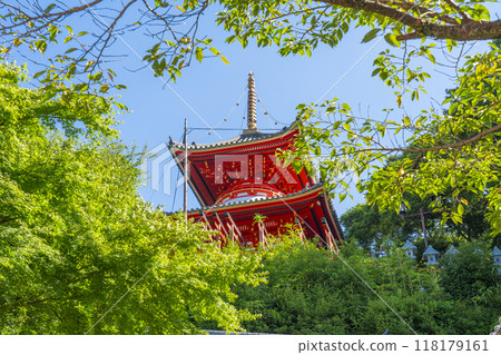 Nara, Chogosonshiji Temple, Tahoto Pagoda shining against the blue sky 118179161