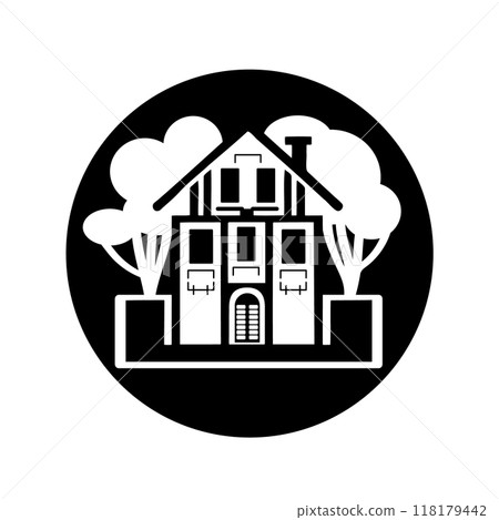 emblem house or cottage. The icon is a large private house with trees. Monochrome image of a two-storey private building. Vector illustration 118179442