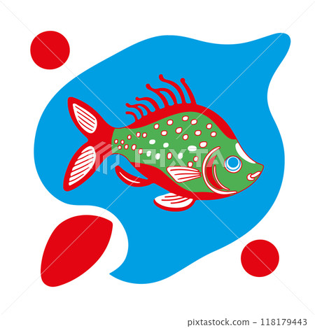 Colored vector illustrations of stylized fish in naturalistic style on multicolored background. Vector illustration 118179443