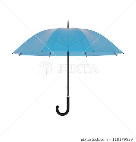 Open blue umbrella with black handle, isolated on white background 118179539