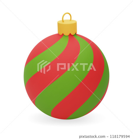 3D Christmas ball. Christmas Tree Toy with green and red stripes. 3D Vector illustration isolated on white background. 3D Christmas ball. Christmas Tree Toy with green and red stripes. 3D Vector illustration isolated on white background. 118179594