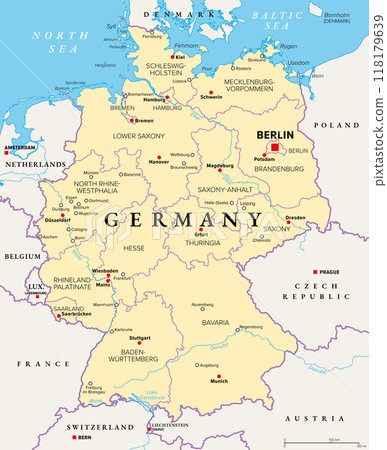 Germany, a country in Central Europe with capital Berlin, political map. The Federal Republic of Germany, with its 16 constituent states, their capitals, and largest cities, and neighbor countries. 118179639