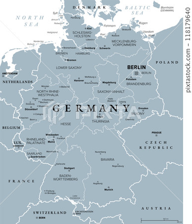 Germany, a country in Central Europe with capital Berlin, gray political map. Federal Republic of Germany with its 16 constituent states, their capitals, and largest cities, and neighbor countries. 118179640