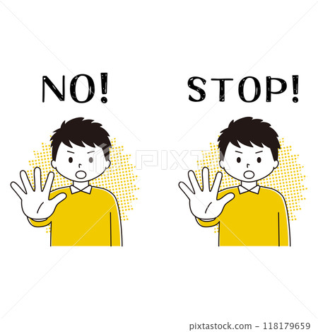 STOP & NO Illustration set of a man refusing by sticking his hand out in front of his body 118179659