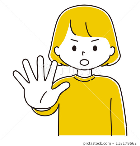 Illustration of a woman sticking her right hand out in front of her body 118179662