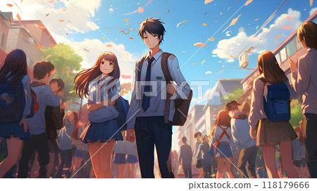 School students walking in busy street School students walking in busy street 118179666