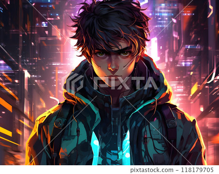 Cyberpunk male in hooded jacket in neon cityscape. 118179705