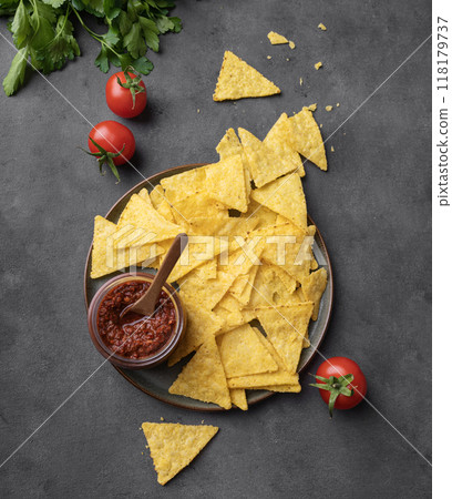 Nachos or tortilla with spicy tomato sauce on a plate with fresh herbs Nachos or tortilla with spicy tomato sauce on a plate with fresh herbs 118179737