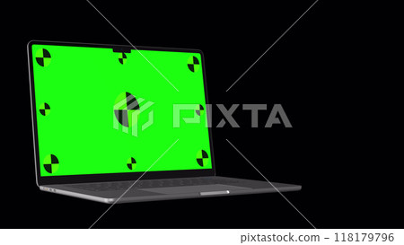Laptop opens smoothly with a green screen on a black background. 3d Pc with chroma key for mockup. Concept computer technological. 3D rendering. Laptop opens smoothly with a green screen on a black background. 3d Pc with chroma key for mockup. Concept computer technological. 3D rendering. 118179796