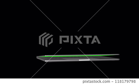 3D notebook laptop computer working green screen display Isolated on black background with Alpha channel for chroma key. 3D rendering. 3D notebook laptop computer working green screen display Isolated on black background with Alpha channel for chroma key. 3D rendering. 118179798