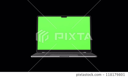 Laptop opens smoothly with a green screen on a black background. 3d Pc with chroma key for mockup. Concept computer technological. 3D rendering. Laptop opens smoothly with a green screen on a black background. 3d Pc with chroma key for mockup. Concept computer technological. 3D rendering. 118179801