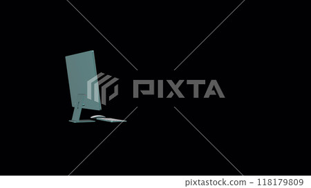 PC computer with a green screen on a black background. Ability to change the background and image on the PC monitor screen. 3D rendering. 118179809