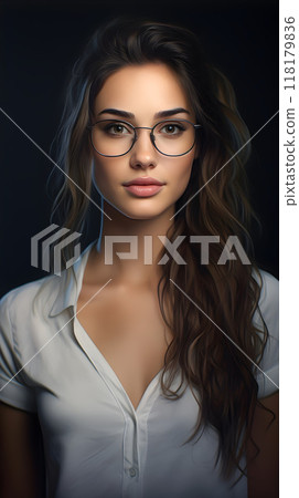 Young woman with glasses and long, wavy hair. 118179836