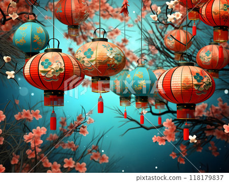 Decorative lanterns hanging from branches with blossoms 118179837