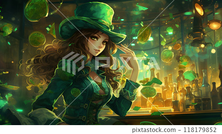 Girl in green outfit enjoying a vibrant, magical setting. 118179852