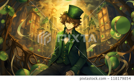 Green-clad character in a whimsical, fantastical setting 118179854