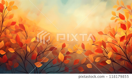 Autumn leaves in gradient sunlight on branches scenery 118179855