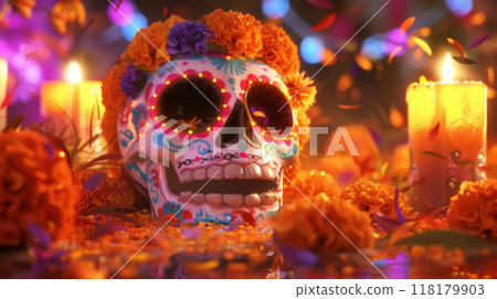 Festive Dia de los Muertos Skull with Marigold Flowers 118179903