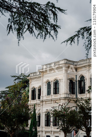 Facade of Yildiz Palace in Istanbul. Wooden shutters on the windows 118179904