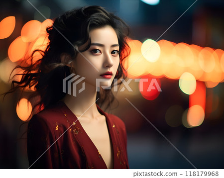 Woman in urban setting with stylish red attire. 118179968