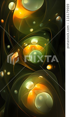 Abstract organic forms with glowing orbs in dark tones. 118179989