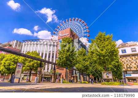 Yokohama cityscape in September, Japan. In front of Center Kita Station, Tsuzuki Hankyu and other buildings stand out against the blue sky. (9th) 118179990